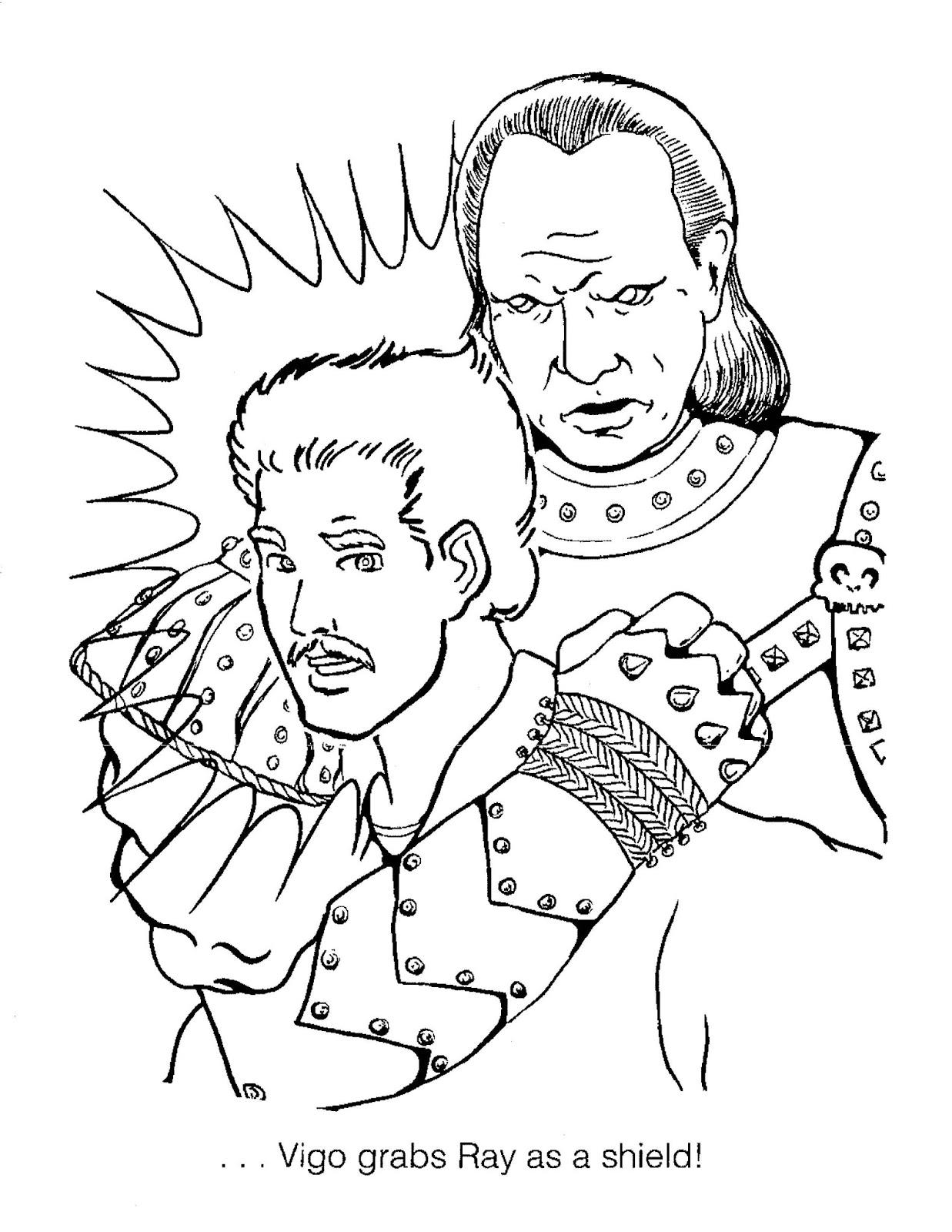 image from a Ghostbusters coloring book of a villain holding a ghostbuster in a choke hold 
